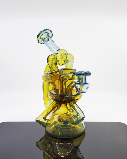 Bowman Glass V5 Dual Recycler - 10MM Opal Accented Dab Rig with Triple Drain & Faceted Design