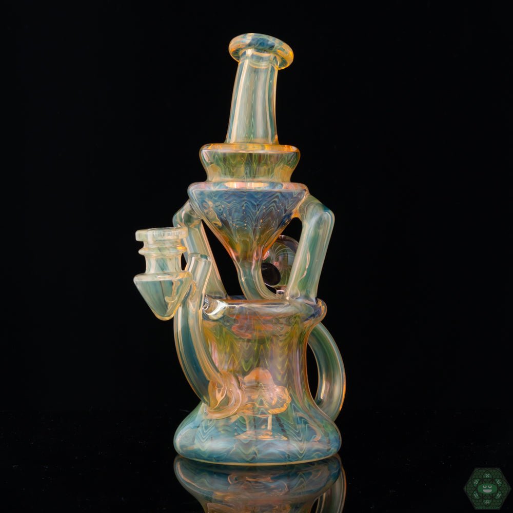 STF Glass Fumed Recycler #5, a handcrafted 10mm recycler with dual uptake and an implosion marble design, crafted for excellent filtration, both visually appealing and functionally superior, perfect for an enhanced dabbing experience.